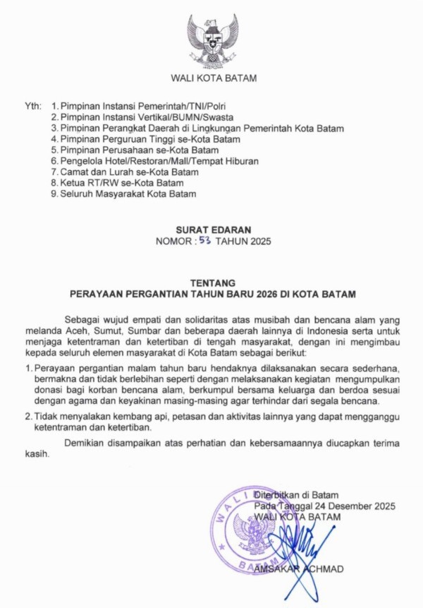 Warga Diminta Rayakan Tahun Baru 2026 dengan Sederhana Tanpa Menyalakan Kembang Api